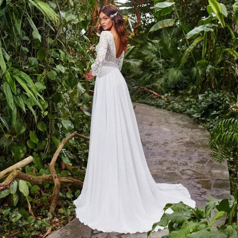 Bohemian Sweetheart Wedding Dresses A-Line Long Sleeve White Lace Applique Chiffon Backless Bridal Gown Train Vestidos De Novia