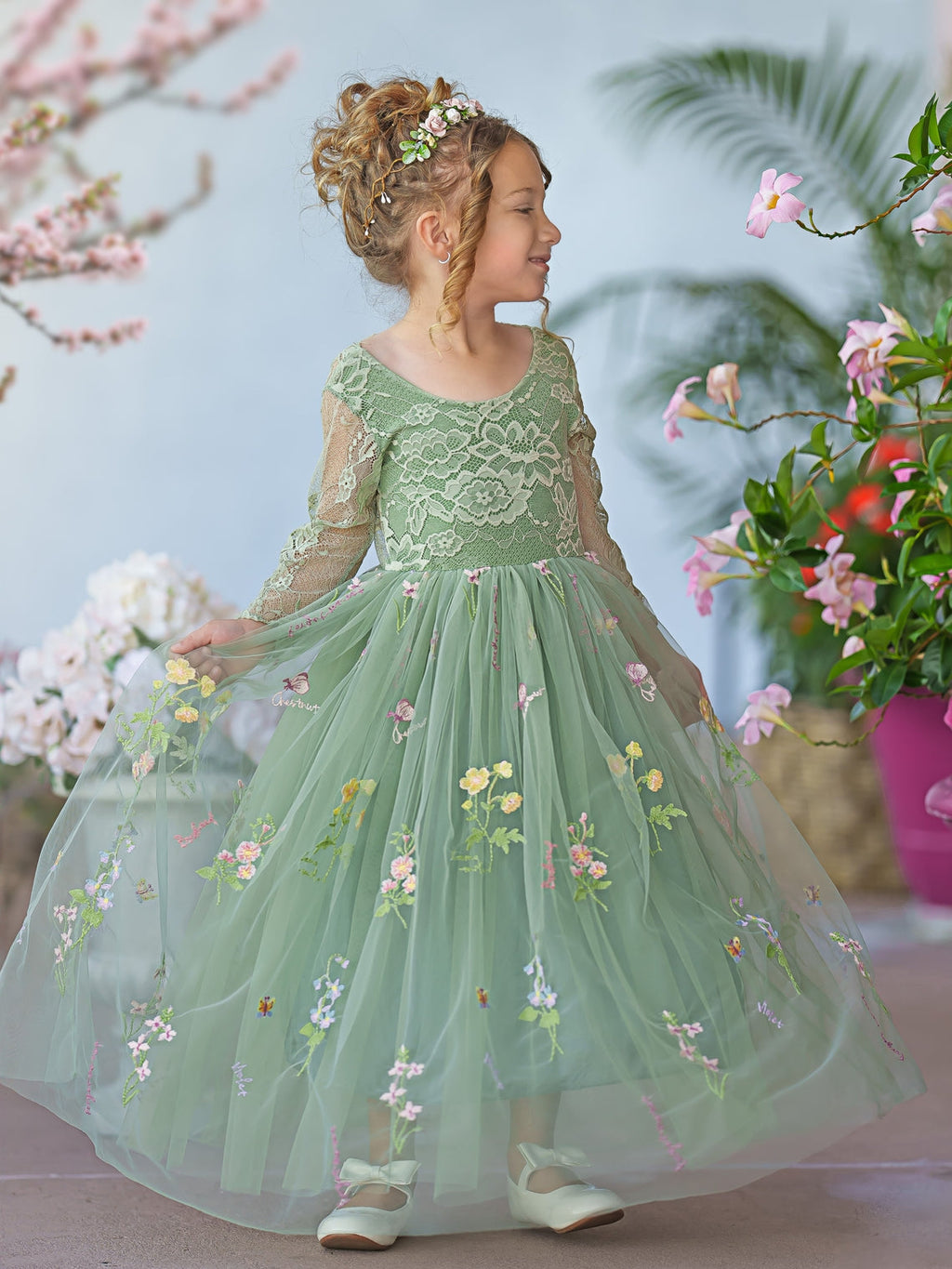 Vestido largo de niña de las flores de jardín, de tul bordado con encaje floral y corte en A 