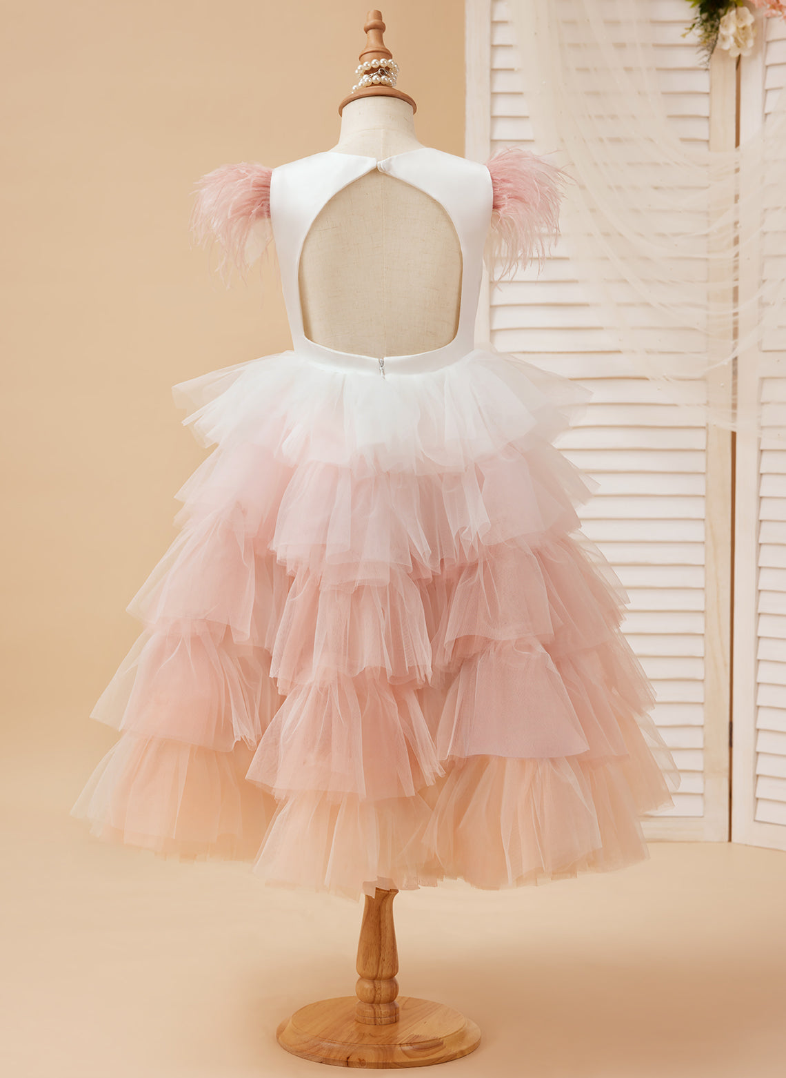 Vestido de princesa rosa de tul hasta la rodilla con mangas de plumas para niñas de las flores (010224240) 