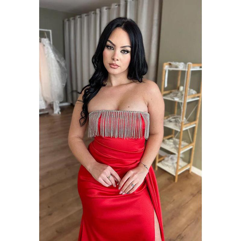 Robe de soirée sirène sexy et tendance, sans manches, épaules dénudées et fente latérale