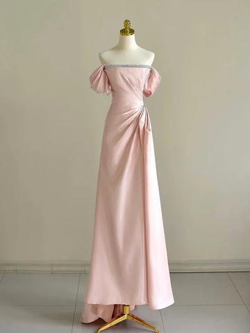 Precioso vestido largo rosa de fiesta con hombros descubiertos y cuentas Y8049