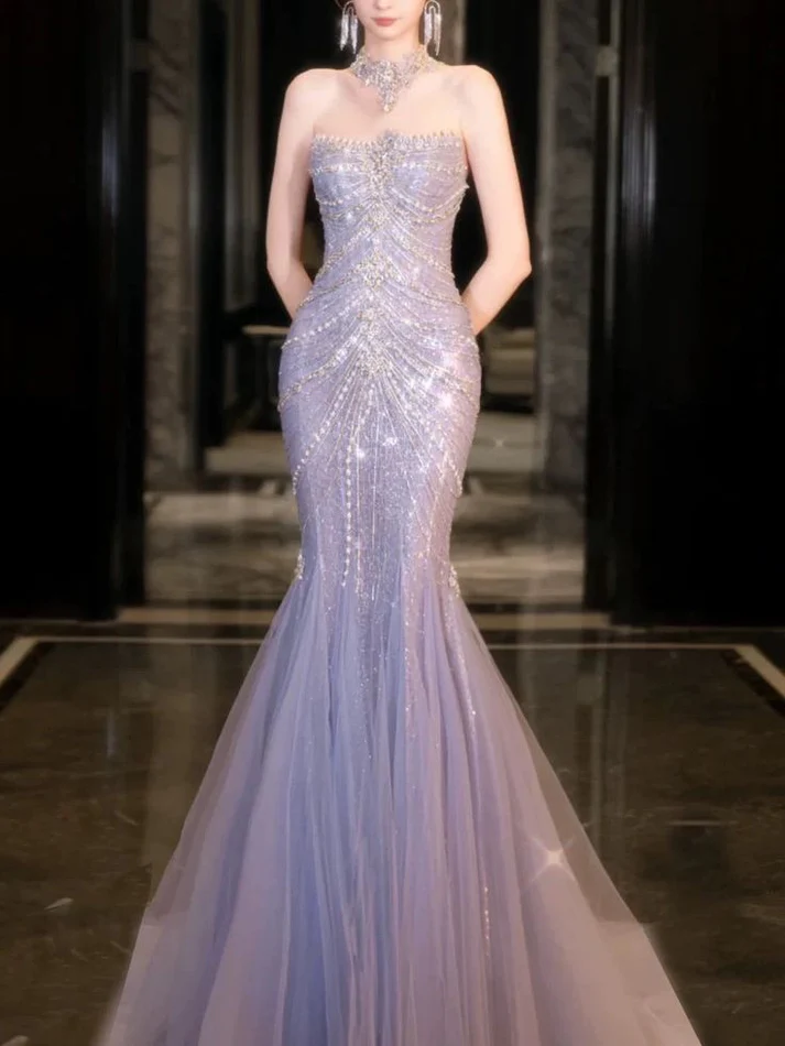 Magnifique robe de bal de promo sirène en tulle lilas ornée de perles Y8057