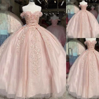 Robe de bal rose à épaules dénudées pour quinceañera, ornée d'appliqués de dentelle, modèle Sweet 16 (Y395)