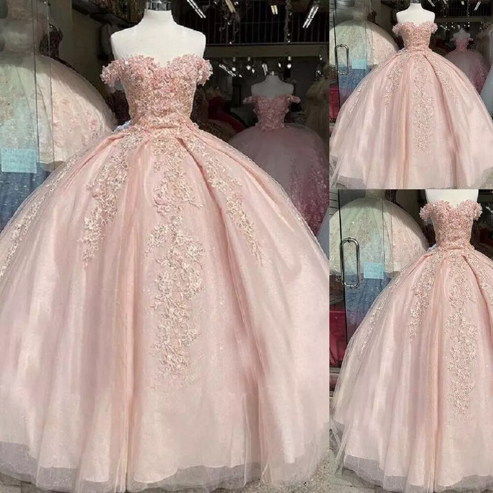 Vestido de quinceañera rosa con hombros descubiertos y apliques de encaje, vestido de gala para dulces 16 años Y395