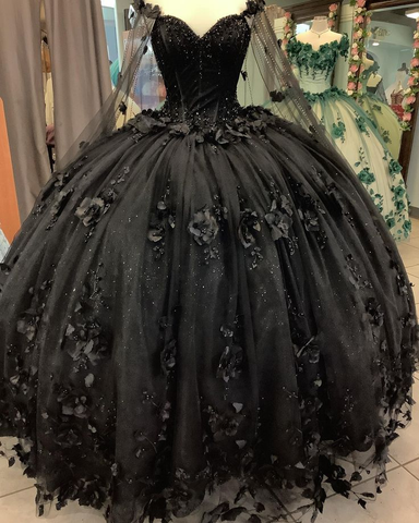 Vestidos de quinceañera de baile negro con flores, vestidos de 16 años Y5753