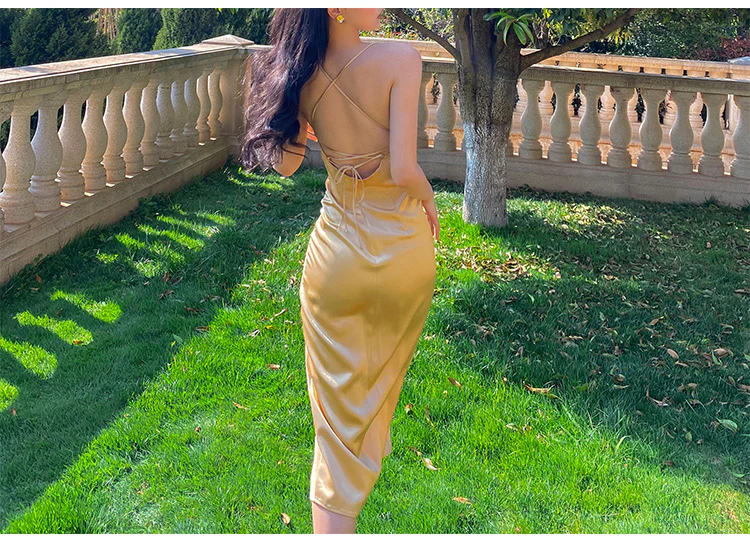 Vestido de fiesta sexy con escote halter en V, color oro champán, ideal para graduación o eventos especiales (Y8211)