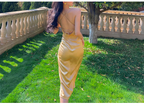 Vestido de fiesta sexy con escote halter en V, color oro champán, ideal para graduación o eventos especiales (Y8211)