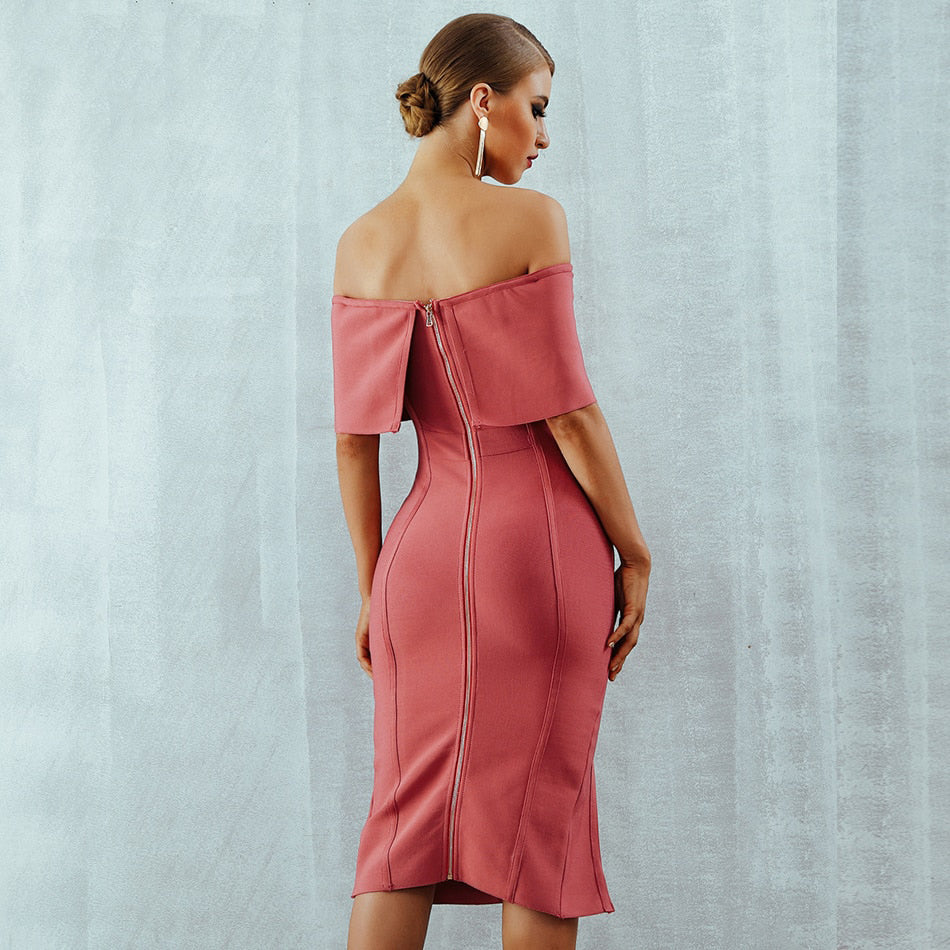 Summer Woman Bandage Dress Slash Neck Bodycon Off Shoulder Midi Club Dress Celebrity Evening Party Dress Vestidos