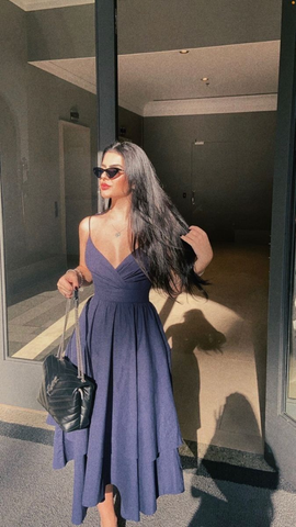 Vestido de fiesta azul marino corte A de satén con tirantes, vestido de noche de cumpleaños Y8212