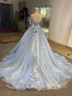 Robe de bal bleue en dentelle et tulle à épaules dénudées, modèle Y4561