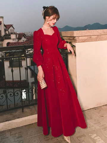 Robe de bal modeste à paillettes rouges, robe de soirée formelle musulmane, robe de mode Y4976