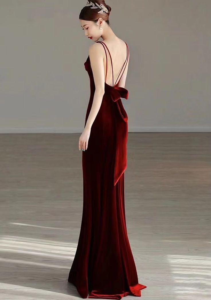 Robe de soirée sirène élégante en velours rouge, robe de bal longue Y7824