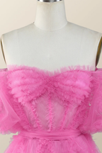 Robe de bal courte trapèze rose fuchsia à épaules dénudées et volants Y2783
