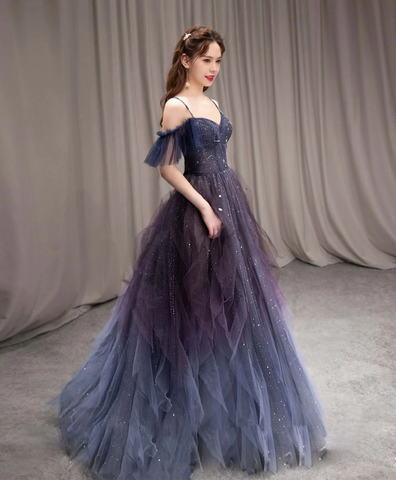 Robe de bal longue en tulle violet foncé étoilé, coupe trapèze, référence Y924