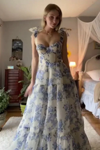 Vestido largo de fiesta azul con estampado floral corte en A, vestido de noche azul Y2560