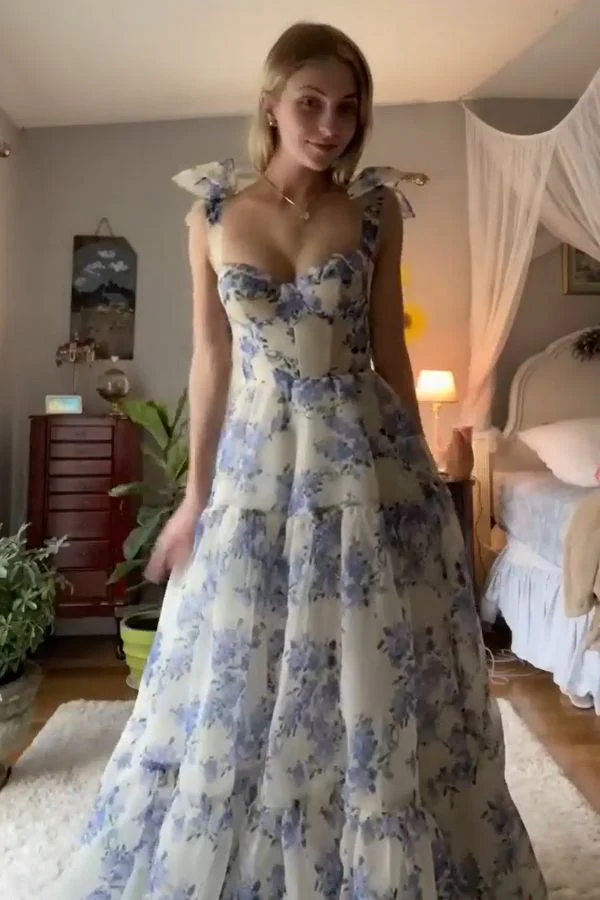 Vestido largo de fiesta azul con estampado floral corte en A, vestido de noche azul Y2560