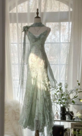 Elegante vestido de noche de gasa con tirantes finos y cuentas, estilo sirena, modelo Y8363