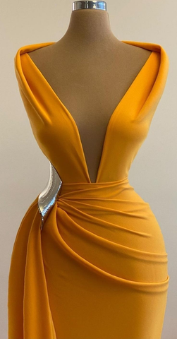 Vestido de sirena amarillo para baile de graduación, escote en V profundo, vestido de noche sexy, vestido de cóctel, cola de barrido, ropa formal para ocasiones especiales Y4931