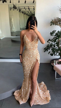 Vestido de compromiso dorado, vestido de fiesta con tirantes finos, abertura en la pierna, lentejuelas, vestido de noche Y71