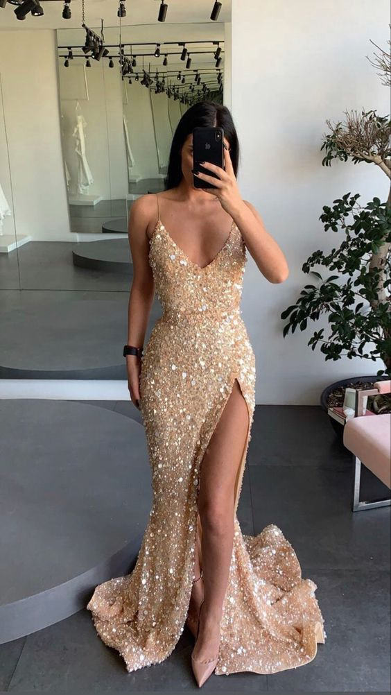 Vestido de compromiso dorado, vestido de fiesta con tirantes finos, abertura en la pierna, lentejuelas, vestido de noche Y71