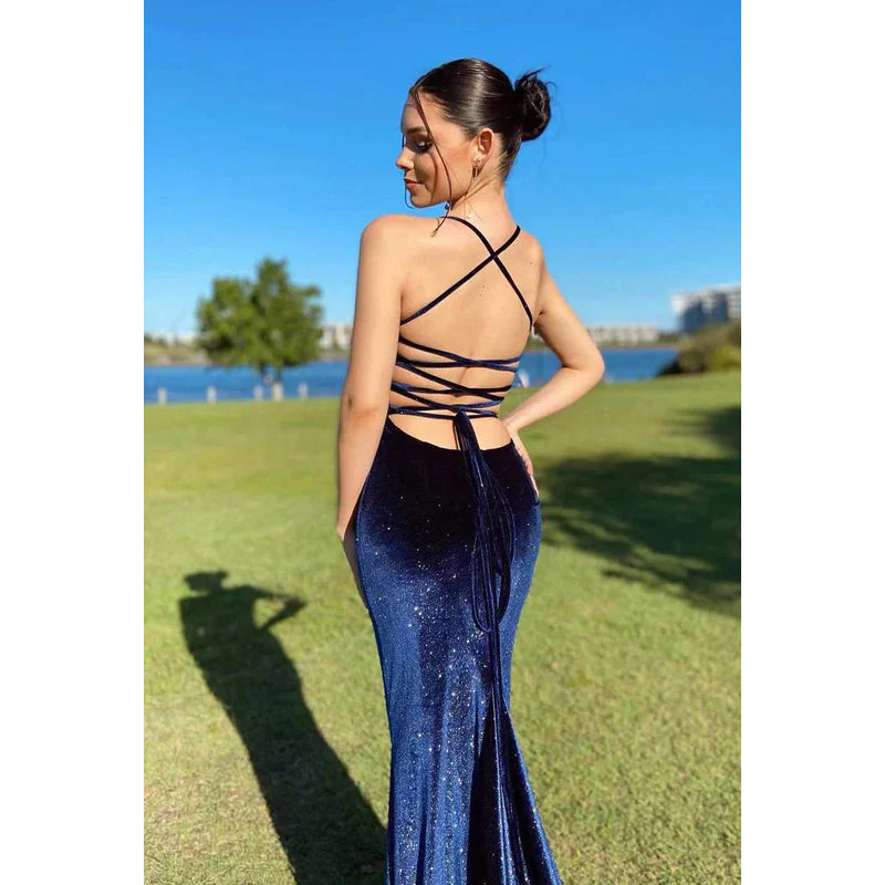 Robe de soirée sirène longue en velours bleu marine à fines bretelles, style vintage Y7829