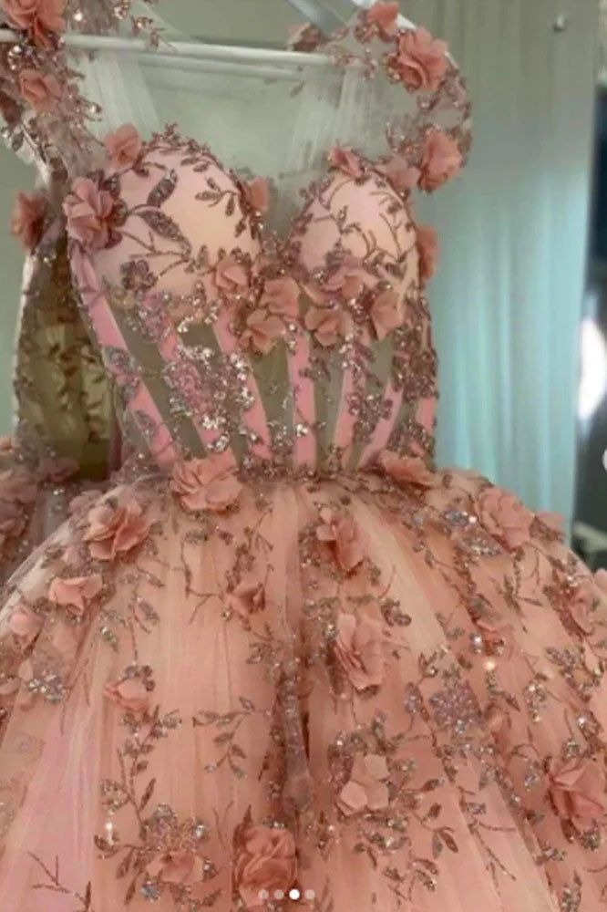 Robe de bal rose poudré à fleurs appliquées, robe de bal en tulle coupe A, robe de quinceañera Y388
