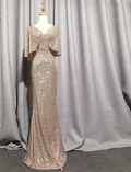 Mermaid Short Sleeves Sexy V Neck Evening Dress, Elegant Glitter Bat Sleeves Formal Party Dress Y1390