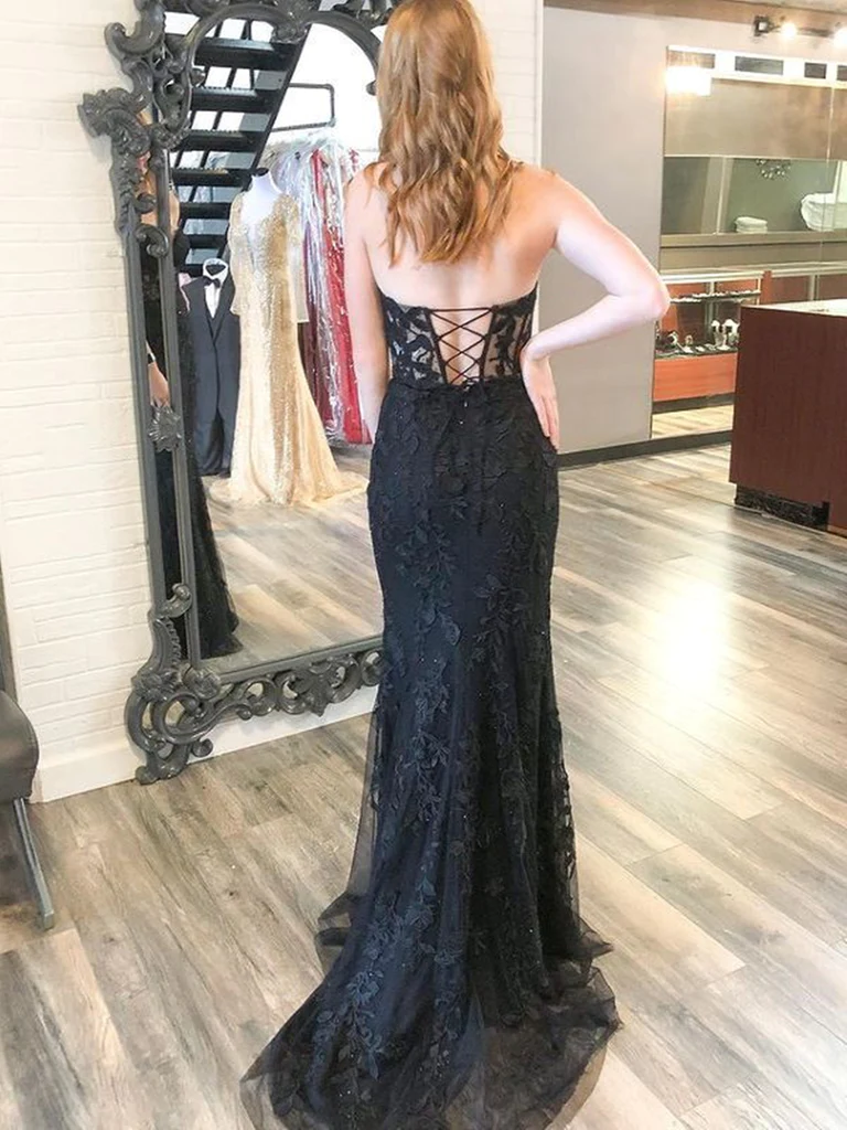 Robe de bal longue sirène en dentelle noire dos nu, robe de soirée noire bustier, robe de soirée en dentelle noire Y1794