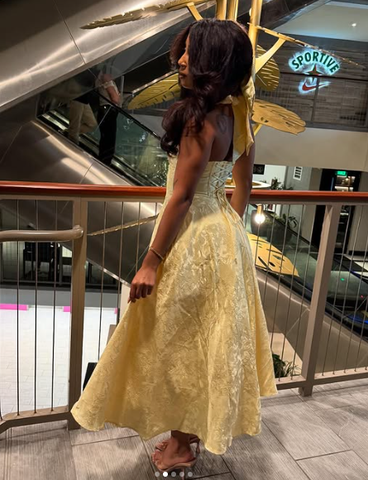 Sexy Halter Deep V Evening Dress Yellow Satin Print Prom Dress Y8249