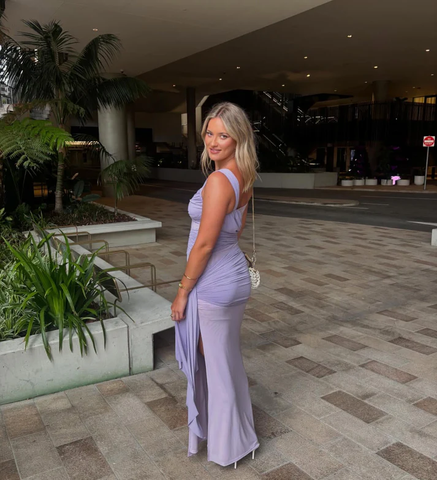 Elegante vestido de fiesta plisado de gasa lavanda, corte recto, abertura lateral, vestido de noche Y8063