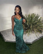 Impresionante vestido de noche verde sin mangas, vestido glamuroso Y5907