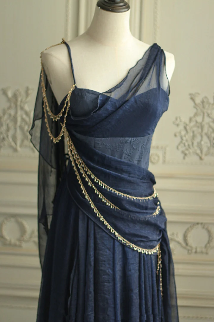 Vintage Navy Blue Chiffon A Line Prom Dress Evening Dress Y8292