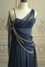 Vintage Navy Blue Chiffon A Line Prom Dress Evening Dress Y8292