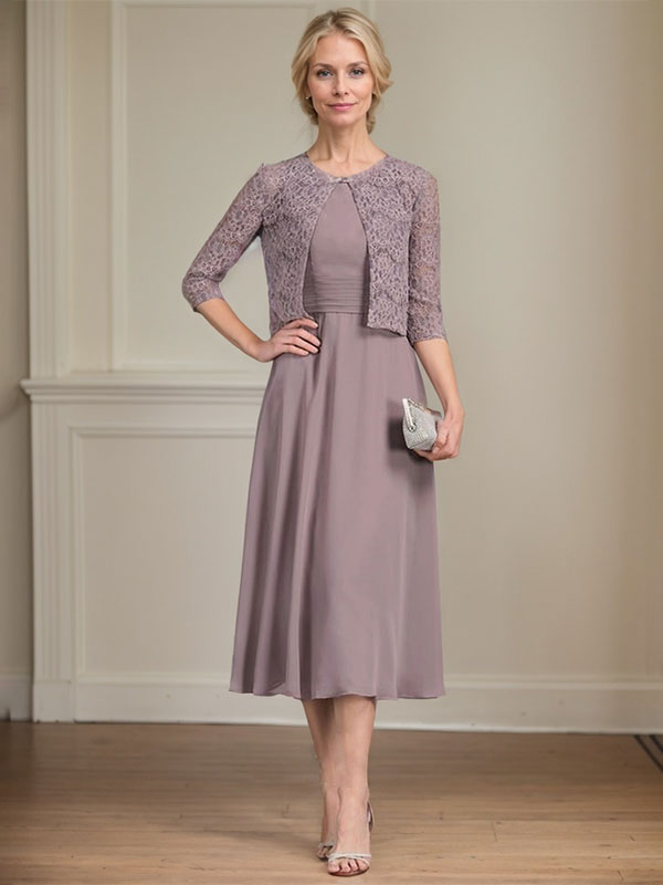 Vestido de chifón de corte línea A, largo té, para la madre de la novia, con escote redondo y pliegues.