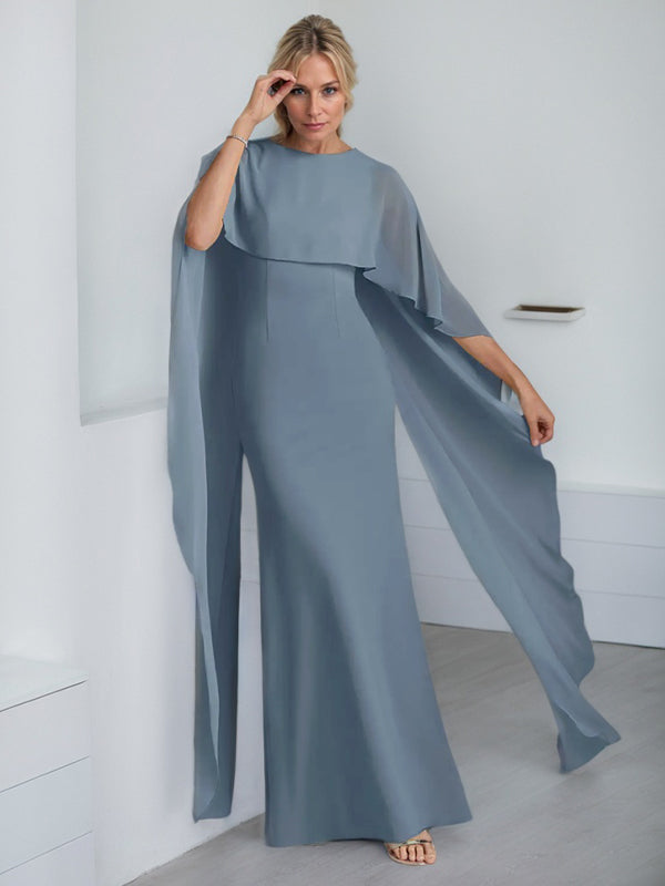 Vestido de gasa de corte recto, largo hasta el suelo, para la madre de la novia, con volantes en cascada. 