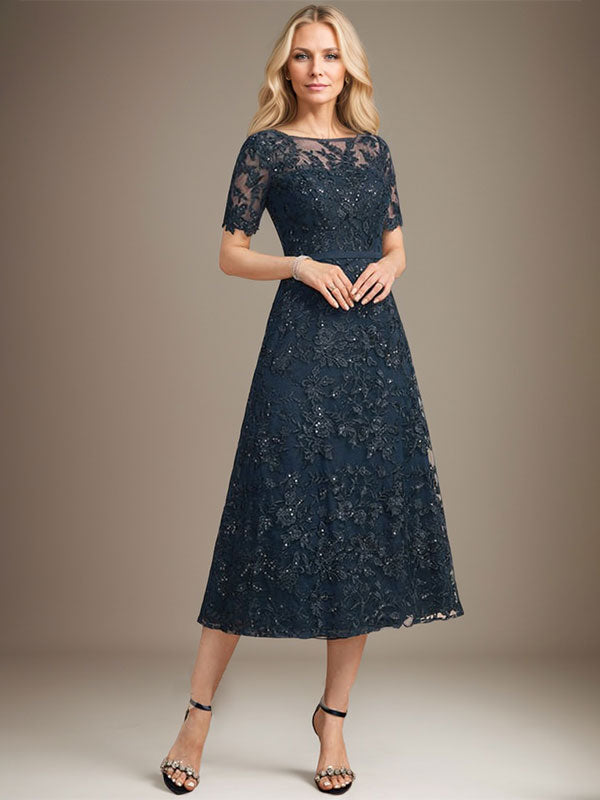 Robe de mère de la mariée en dentelle à sequins, coupe trapèze, décolleté illusion, longueur thé