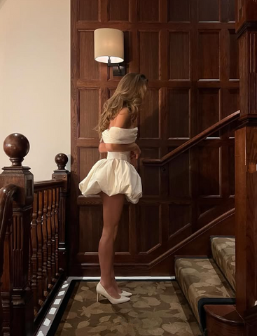 White Off The Shoulder Satin A Line Homecoming Dress Mini Prom Dress Y8420