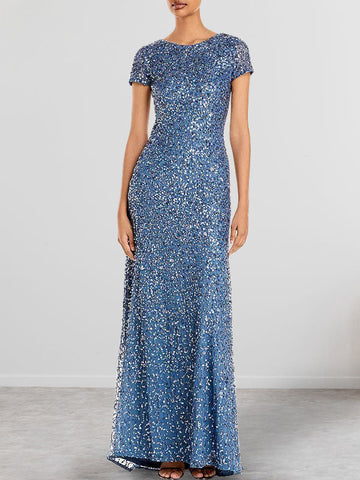 Dusty Blue Sequins Sheath Scoop Long Mother of the Bride Dress