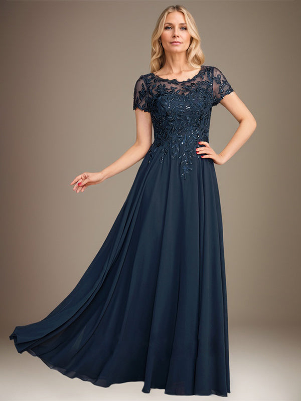 Vestido de corte A, escote redondo, largo hasta el suelo, de gasa, para la madre de la novia, con apliques y lentejuelas. 