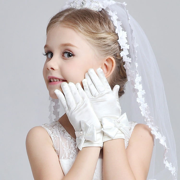 Guantes de satén con lazo para niña de las flores