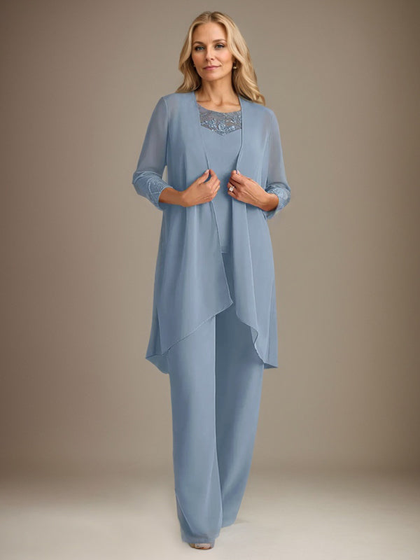 Tailleur-pantalon en mousseline à manches longues et col rond pour la mère de la mariée, avec veste 