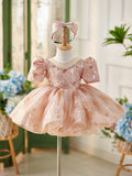 Vestido de bebé niña hasta la rodilla con lentejuelas, mangas abullonadas y pedrería 