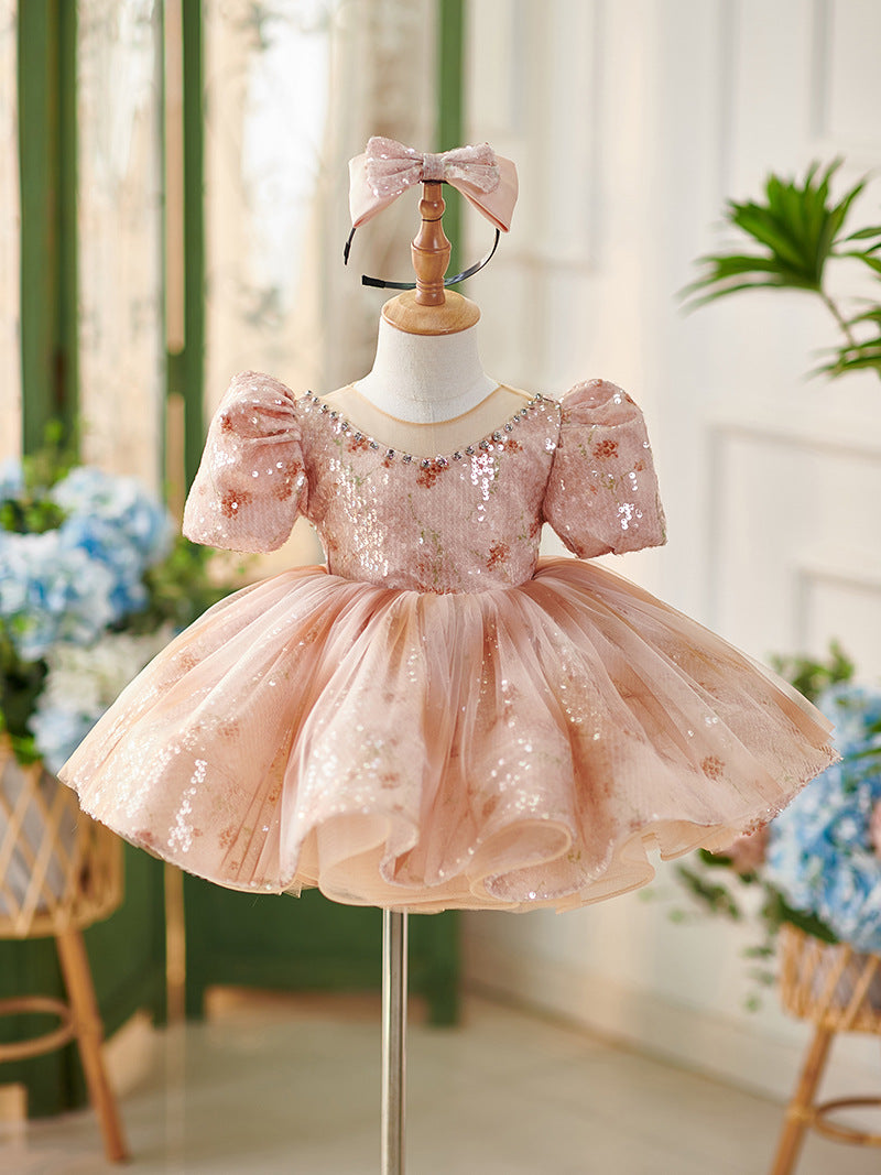 Vestido de bebé niña hasta la rodilla con lentejuelas, mangas abullonadas y pedrería 