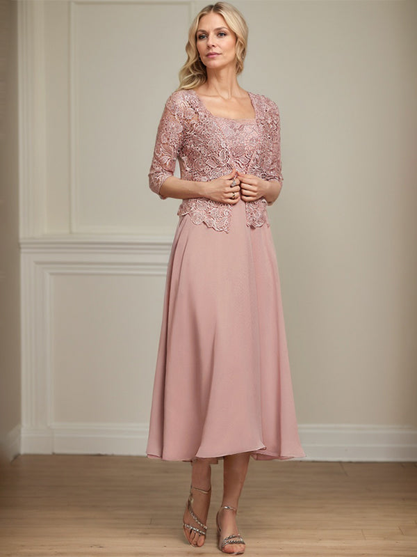 Vestido de corte A, largo midi, de gasa, encaje y lentejuelas para la madre de la novia. 