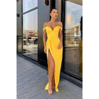 Vestido de fiesta largo amarillo con hombros descubiertos y corte tubo/columna 