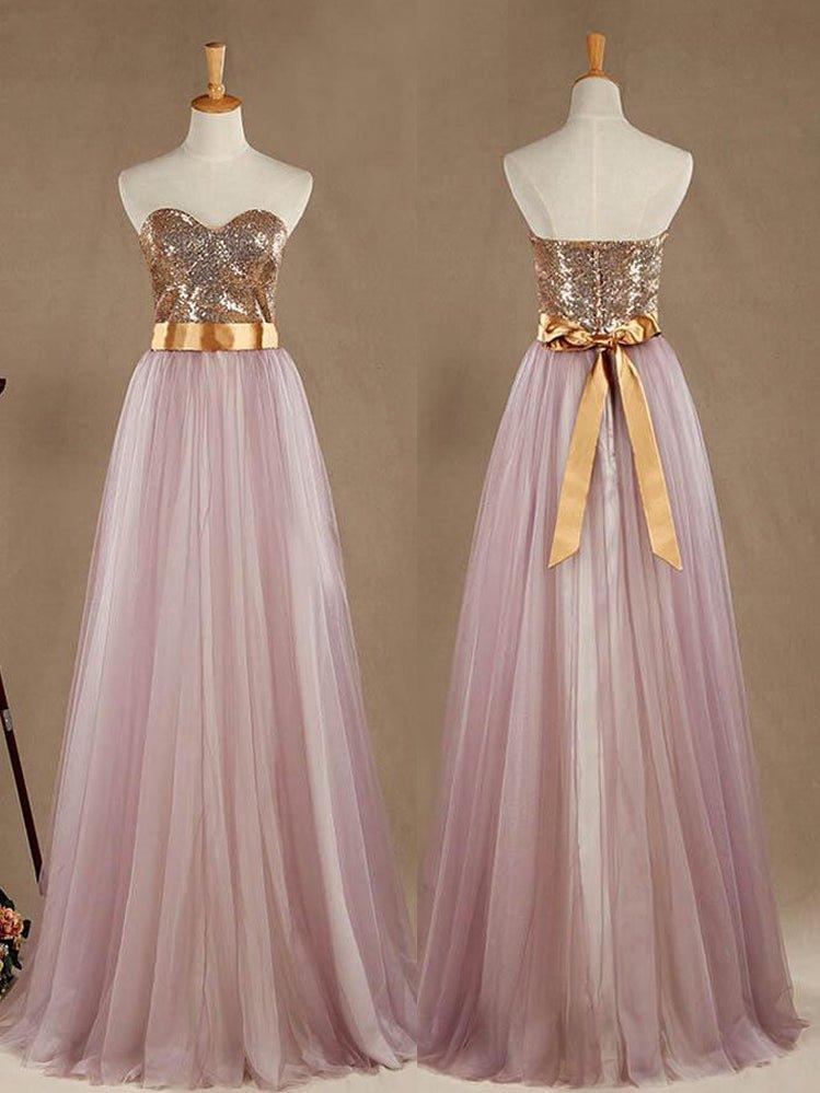 Vestido de dama de honor de tul morado claro con corte en A y escote corazón con lentejuelas doradas, sin tirantes y vestido de noche 