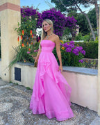 Vestido de fiesta de organza rosa claro, corte en A, sin tirantes