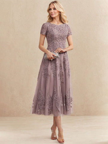 A-line Scoop Tea-Length Tulle Lace Mother of the Bride Dress