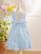 Elegante vestido de niña de las flores de satén con corte en A, espalda en V y lazo, hasta la rodilla 
