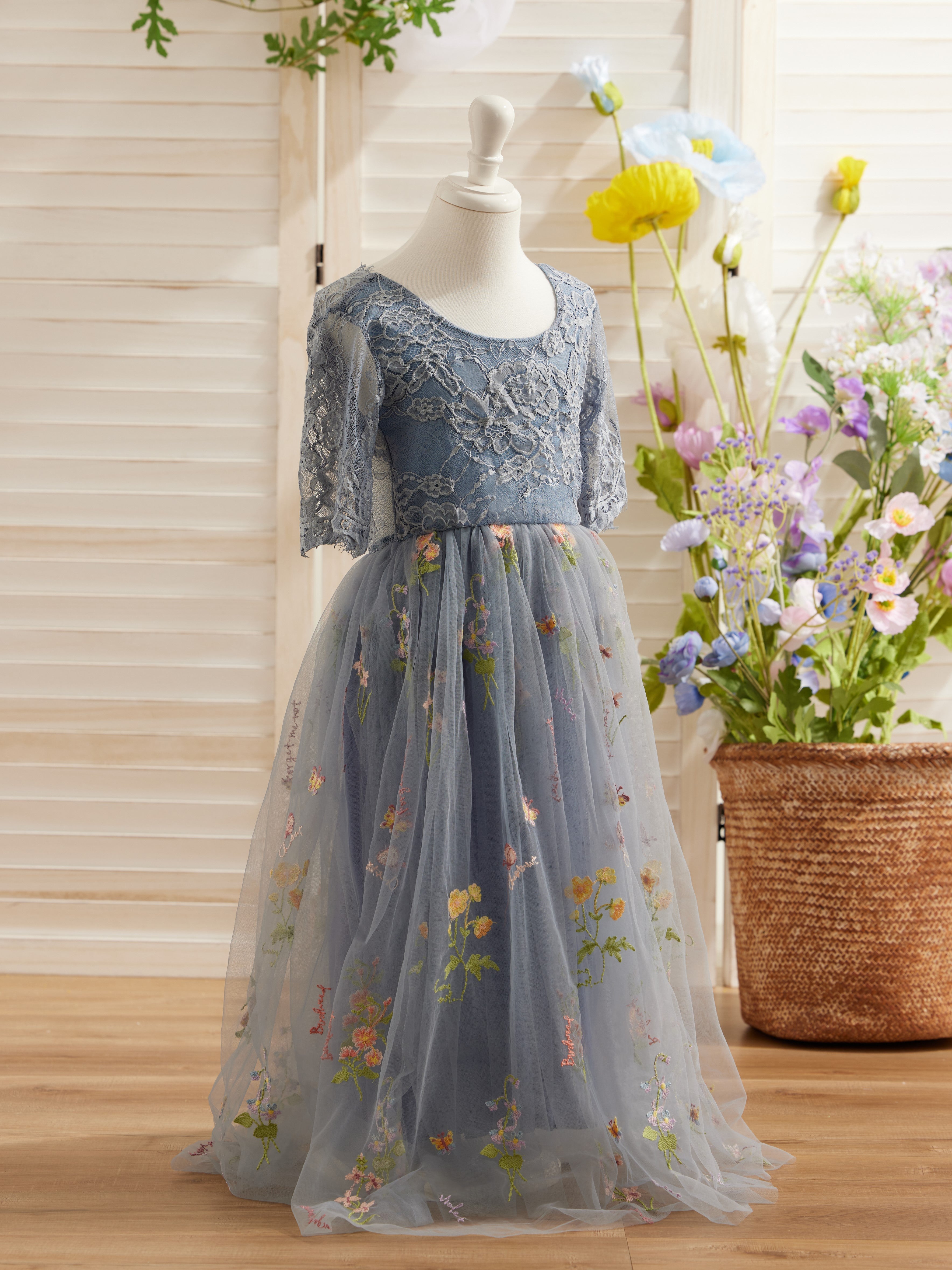 Vestido de niña de las flores color salvia con escote redondo, superficie de tela y tul (2003227581) 